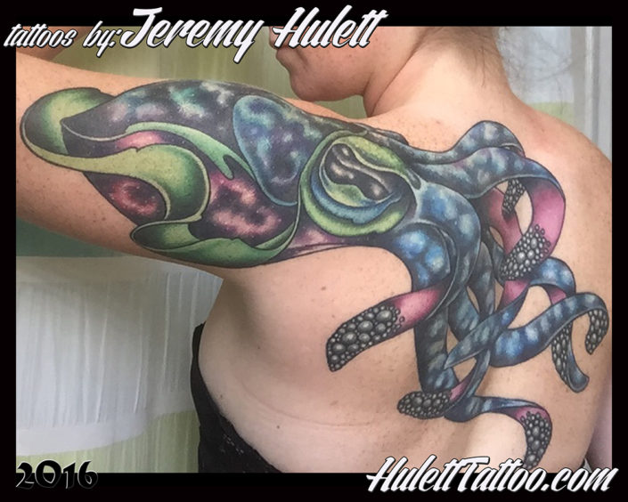 HulettTattoo, Jeremy Hulett, Hulett Tattoo, Seascape tattoo, ocean tattoo, aquatic tattoo, diver tattoo, squid tattoo, color tattoo, cosmic squid tattoo