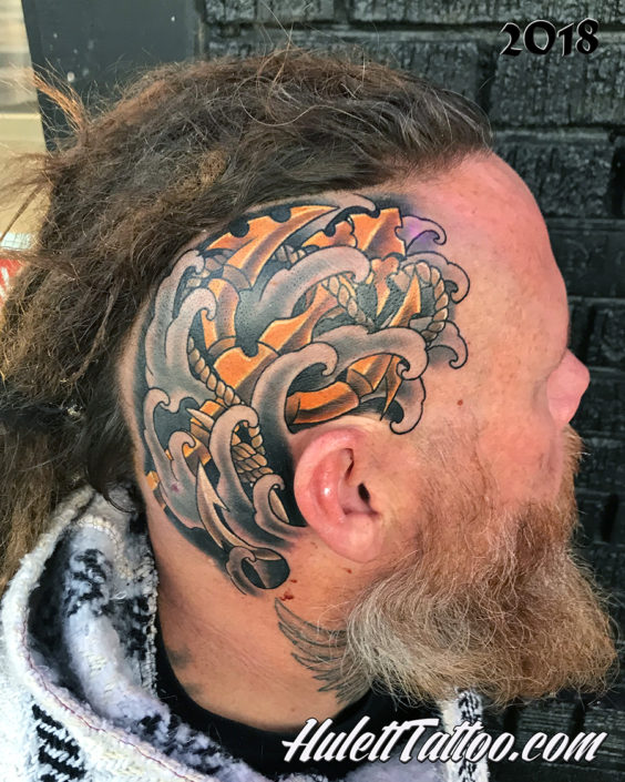 HulettTattoo, Jeremy Hulett, Hulett Tattoo, Seascape tattoo, ocean tattoo, aquatic tattoo, diver tattoo, trident tattoo, skull tattoo, tattoo on head, tridemt tattoo on side of head
