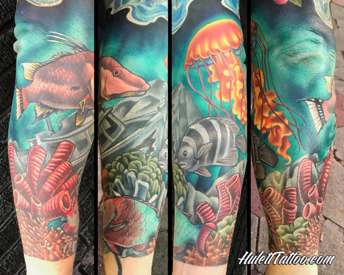 HulettTattoo, Jeremy Hulett, Hulett Tattoo, Seascape tattoo, ocean tattoo, aquatic tattoo, diver tattoo, color tattoo, coral fish tattoo, sunken ship tattoo, jellyfish tattoo, coral seascape tattoo