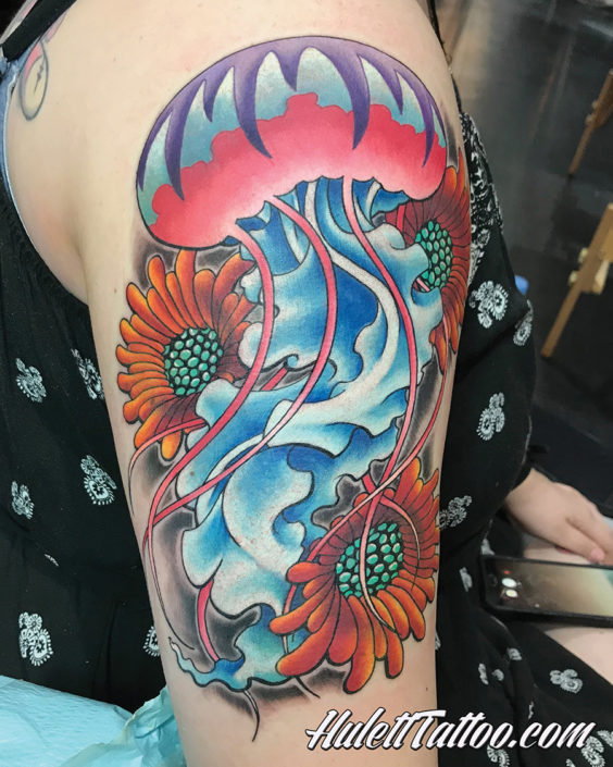 HulettTattoo, Jeremy Hulett, Hulett Tattoo, Seascape tattoo, ocean tattoo, aquatic tattoo, jelly fish tattoo, jellyfish tattoo, new school tattoo, color tattoo