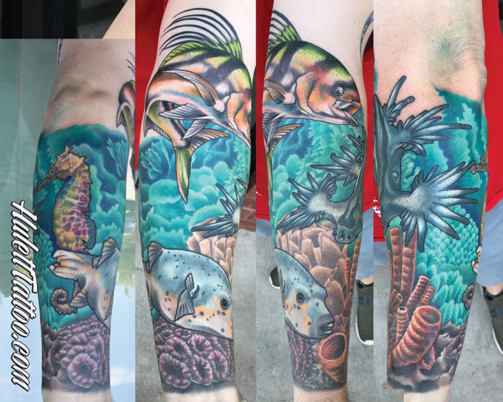 HulettTattoo, Jeremy Hulett, Hulett Tattoo, Seascape tattoo, ocean tattoo, aquatic tattoo, diver tattoo, coral tattoo, coral fish tattoo