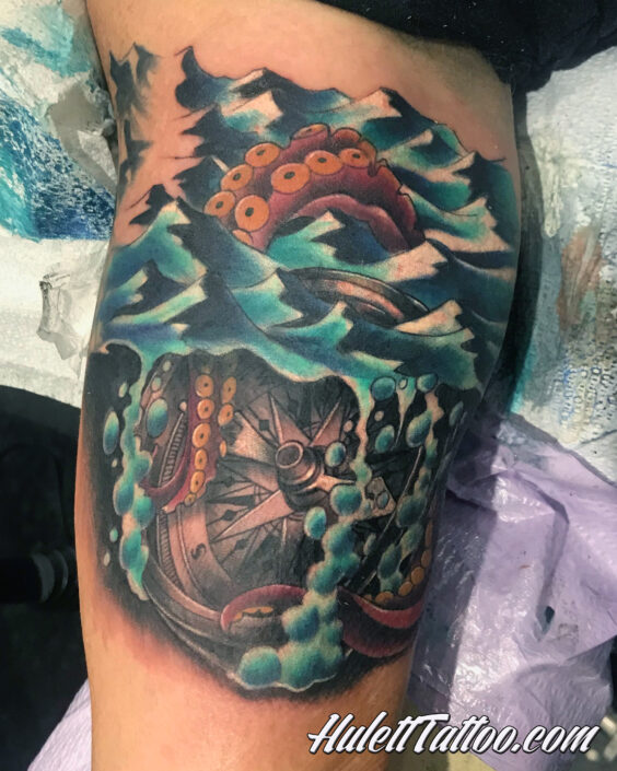 HulettTattoo, Jeremy Hulett, Hulett Tattoo, Seascape tattoo, ocean tattoo, diver tattoo, Octopus tattoo, compass tattoo, pocket compass tattoo, tattoo cover up, color tattoo, aquatic tattoo