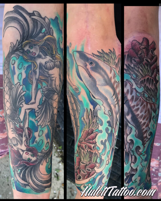 HulettTattoo, Jeremy Hulett, Hulett Tattoo, Seascape tattoo, ocean tattoo, diver tattoo, Mermaid tattoo, shark tattoo, aquatic tattoo
