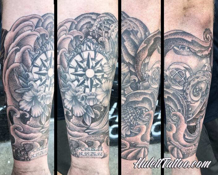 HulettTattoo, Jeremy Hulett, Hulett Tattoo, Seascape tattoo, ocean tattoo, aquatic tattoo, diver tattoo, Octopus tattoo, Seashell tattoo, compass tattoo, fine line tattoo, black and grey tattoo