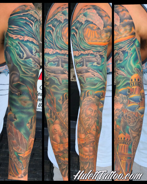 HulettTattoo, Jeremy Hulett, Hulett Tattoo, Seascape tattoo, ocean tattoo, diver tattoo, Neptune tattoo, Poseidon tattoo, shark tattoo, color tattoo, Atlantis tattoo, full sleeve tattoo, tattoo sleeve on men, aquatic tattoo
